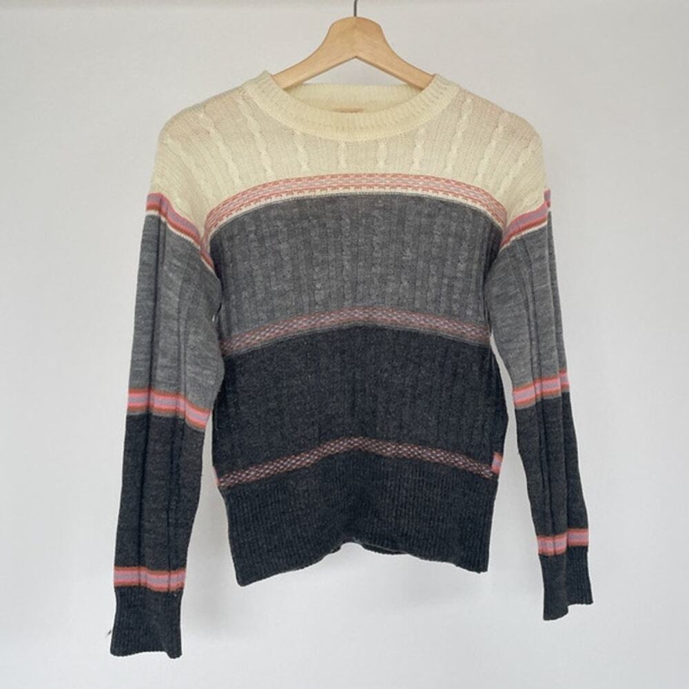Vintage 1970's Gray Pink Sweater / Colorblock Striped Knit Acrylic / Sz S/M